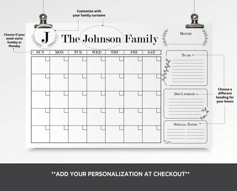 Large Wall Calendar Custom and Printable, Family Wall Organizer Command ...