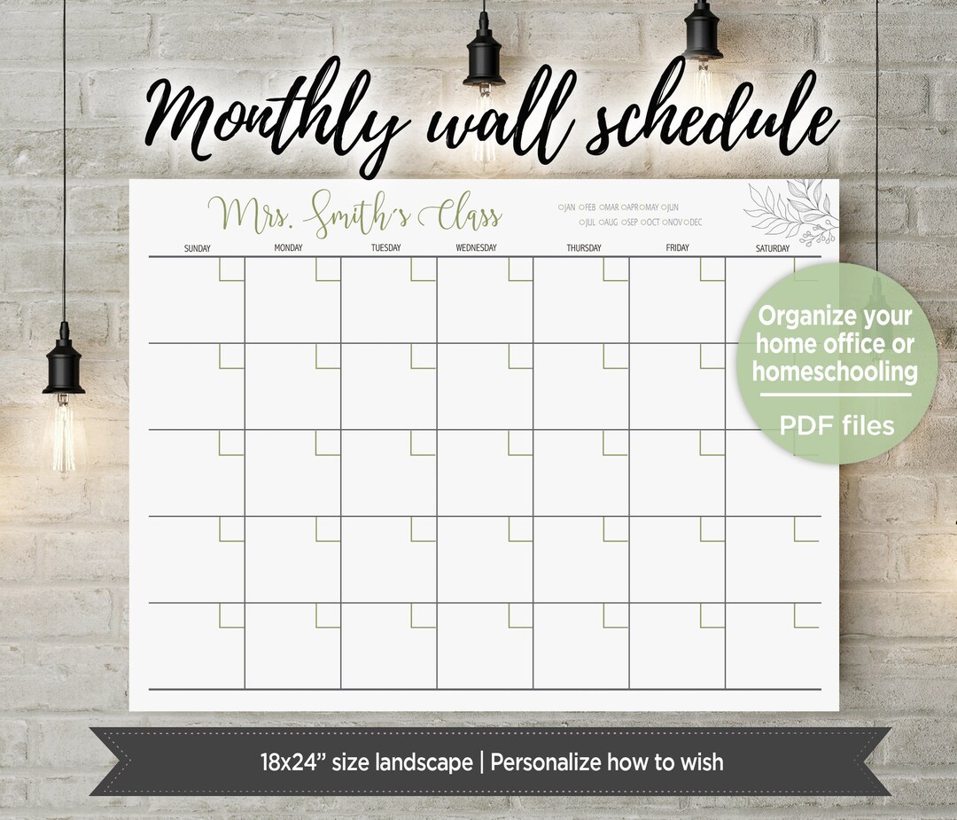 Perpetual Large Wall Calendar Printable, Personalized Monthly Organizer ...