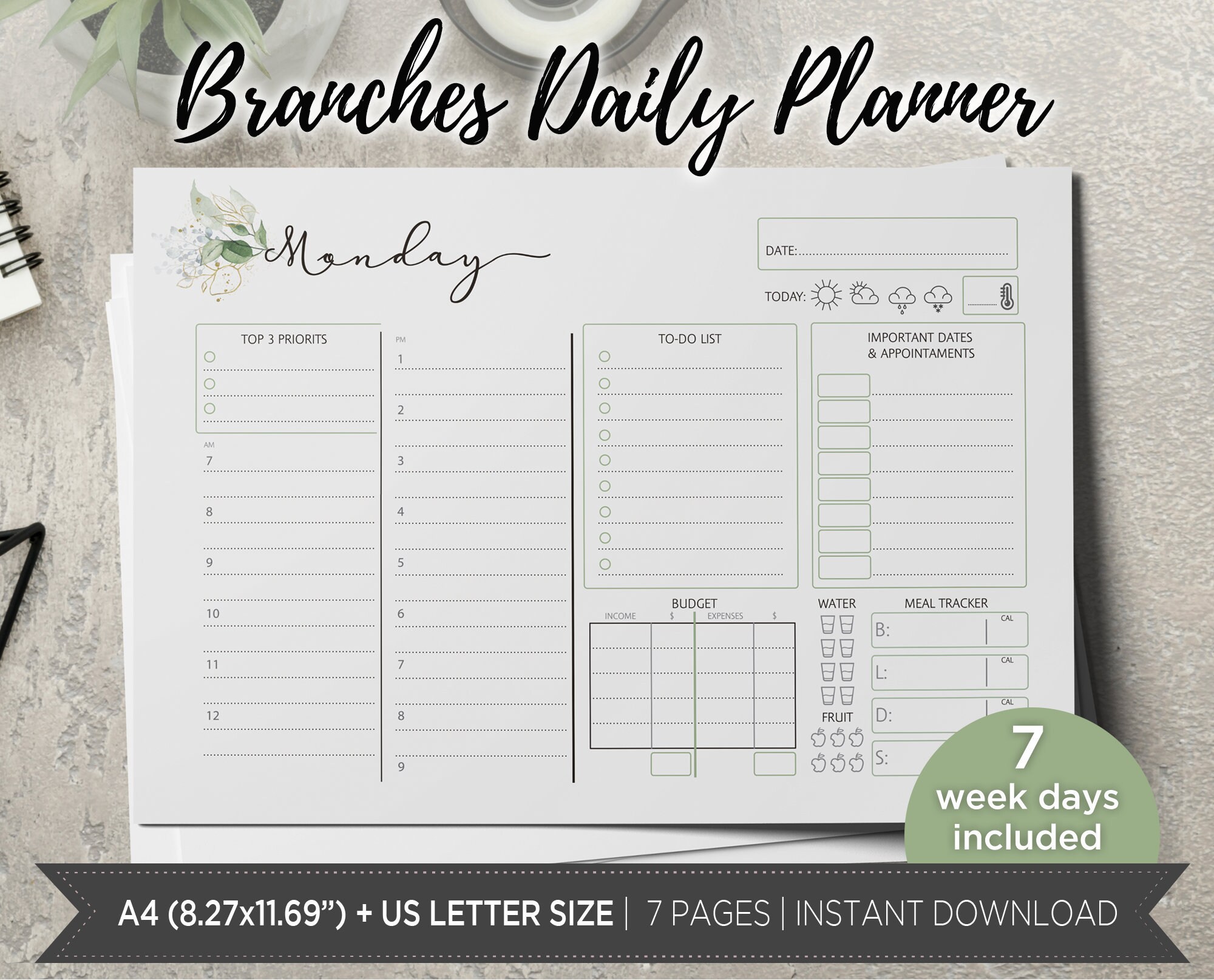 Daily Organizer Planner Refill/ Desk Planner Greenery 