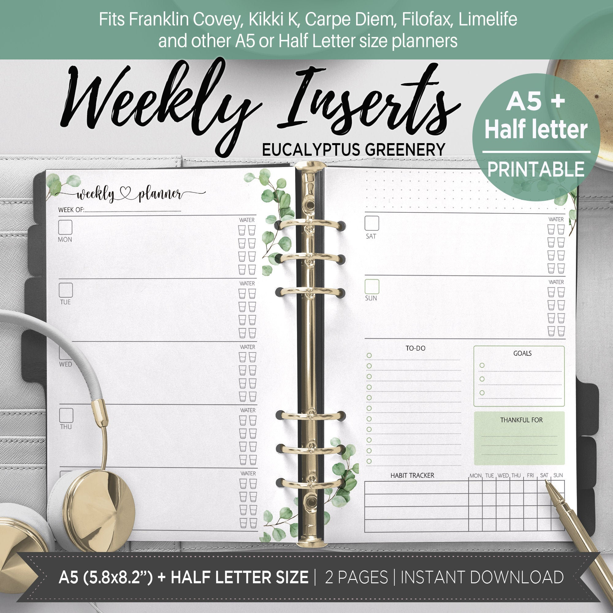 Greenery Weekly Planner Printable Weekly Agenda Refill on Two 