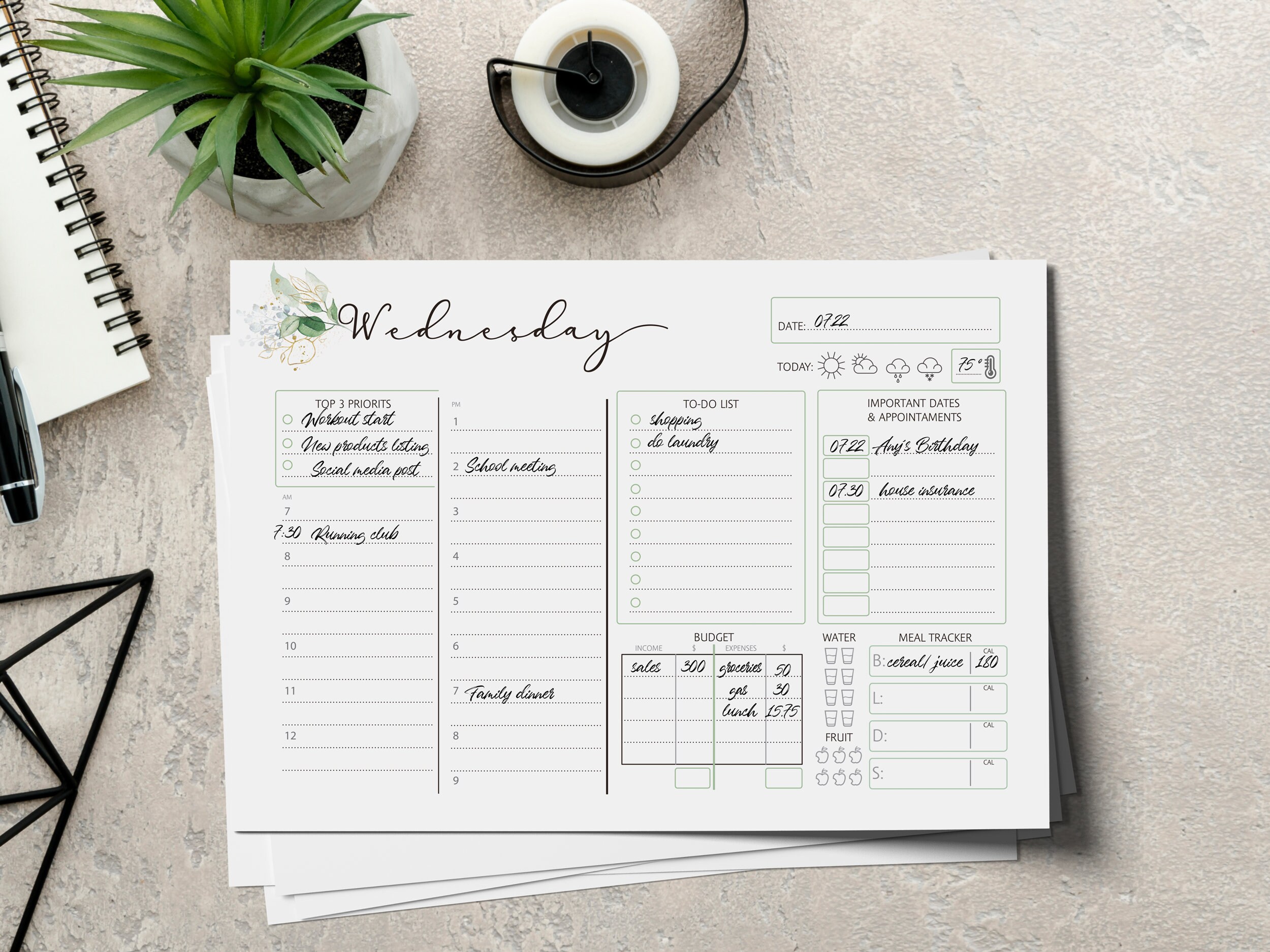 Daily Organizer Planner Refill/ Desk Planner Greenery Etsy