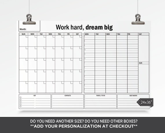 Printable Work Planner With Monthly Calendar & Hourly Schedule, Custom Time  Management Board, Office Calendar Minimalist 24x36 DIGITAL FILE - Etsy