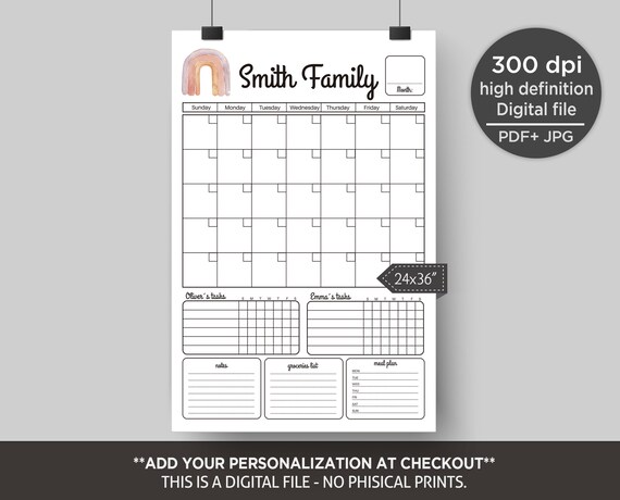 Family Wall Calendar Plus Kids Chore Chart Customizable 24x36 DIGITAL FILE  - Etsy