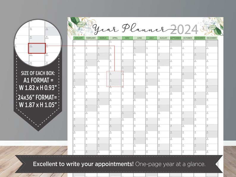 2024 Yearly Wall Calendar Printable, Botanical Yearly Wall Planner