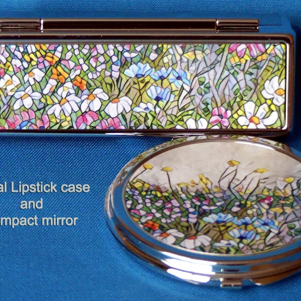 LIPSTICK HOLDER CASE and Compact mirror set pocket handbag cosmetic mirror gift set Artist Sandra Coen