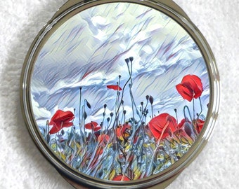 Compact mirror WILDFLOWER POPPIE FIELD design printed by artist Sandra Coen