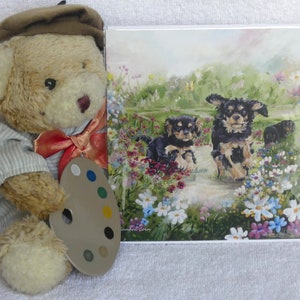 CAVALIER KING CHARLES spaniel chien amusant peinture à l'huile carte de voeux vierge anniversaire anniversaire nouveau chiot Sandra Coen artiste