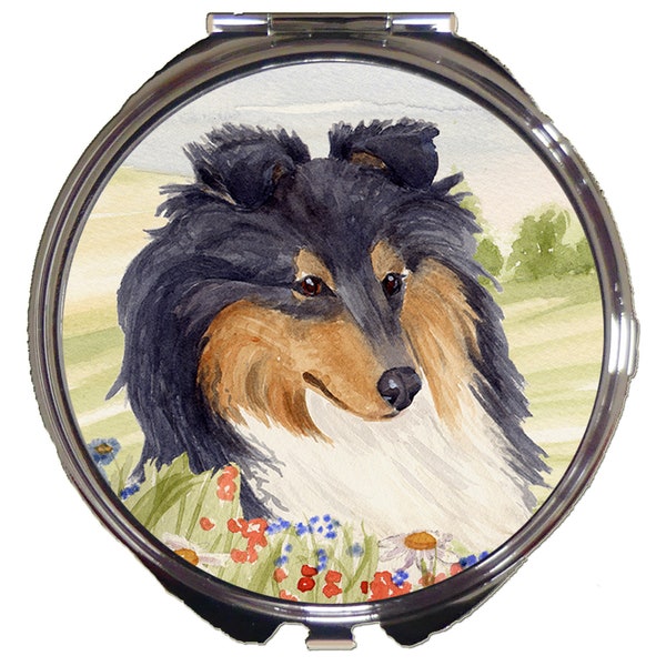 SHETLAND SHEEPDOG SHELTIE charming watercolour design printed onto front of compact mirror artist Sandra Coen