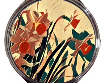 Compact mirror DAFFODIL FLOWER ART design Sandra Coen artist Cosmetic bag mirror