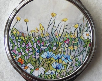 MIROIR DE POCHE COMPACT motif floral abstrait, cadeau pour les amateurs de jardin par l'artiste Sandra Coen