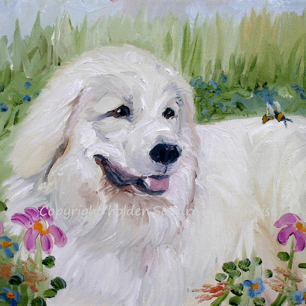 PYRENEAN MOUNTAIN DOG saisissant peinture à l’huile design imprimé sur du polyester de coton par l’artiste Sandra Coen