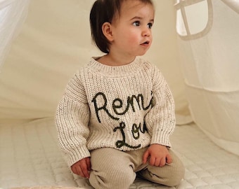 HAND EMBROIDERED SWEATER, Hand Embroidered Baby and Toddler Knit Sweater, Custom Baby Sweater, Name Sweater