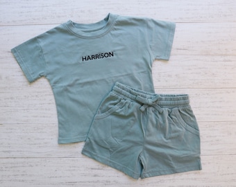 CUSTOM KIDS SET, Personalized Embroidered Organic Cotton Tee and Short Set
