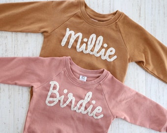 FELT LETTERED KIDS Crew, Custom Hand Embroidered Felt Name baby and toddler crew neck sweatshirt, personalized shirt