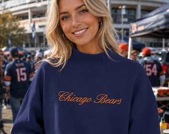 Chicago Bears Embroidered Mockneck Sweatshirt | NFL Game Day Crewneck | Bears Sweatshirt