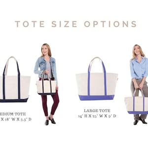 May include: The image displays two tote bag size options: medium and large. The medium tote is 12" high, 18" wide, and 5.5" deep. The large tote is 14" high, 25" wide, and 9" deep. Both bags have a white body with colored accents.