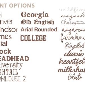 May include: A graphic displaying font options in various styles. The text "FONT OPTIONS" is at the top. Font styles include "BEAN", "Georgia", "wildflower", "denver", "Old English", "magnolia", "Windsor", "Arial Rounded", "Chainstitch", "times", "COLLEGE", "daydream", "Arial", "Block", "DEADHEAD", "university", "FISHTAIL", "FARMHOUSE 2", "English", "classic", "heartfelt", "milkshake", and "Celeste".