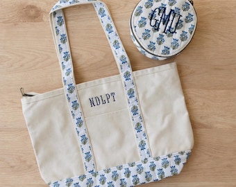 Personalized Canvas Tote with Circle Case Bag, Embroidered Tote, Monogram Canvas Tote Bag, Custom Tote Bag, Preppy Boat Bag, makeup bag