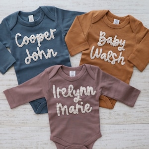 BABY NAME ONESIE®, Custom Hand Embroidered Felt Name Colored Organics® Long Sleeve Onesie ®, New Baby, Newborn, Baby Shower Gift image 3