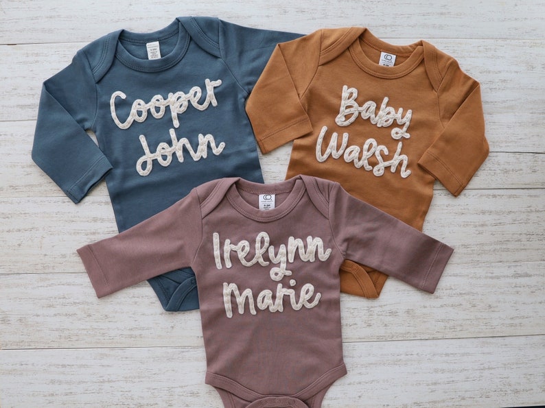 BABY NAME ONESIE®, Custom Hand Embroidered Felt Name Colored Organics® Long Sleeve Onesie ®, New Baby, Newborn, Baby Shower Gift image 3