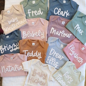 BABY NAME ONESIE®, Custom Hand Embroidered Felt Name Colored Organics® Long Sleeve Onesie ®, New Baby, Newborn, Baby Shower Gift image 7