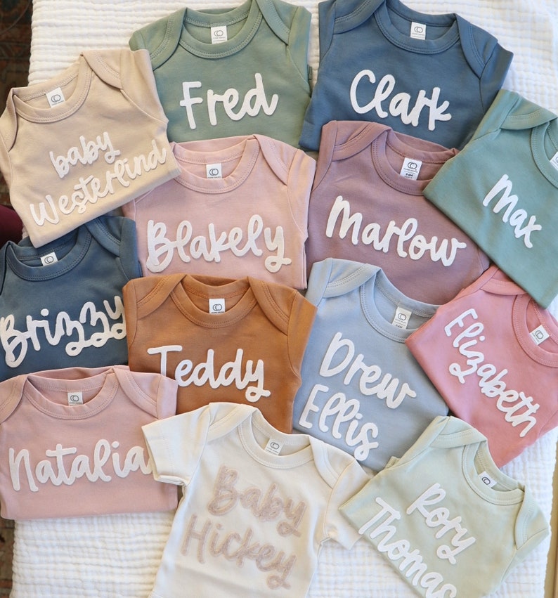 BABY NAME ONESIE®, Custom Hand Embroidered Felt Name Colored Organics® Long Sleeve Onesie ®, New Baby, Newborn, Baby Shower Gift image 7