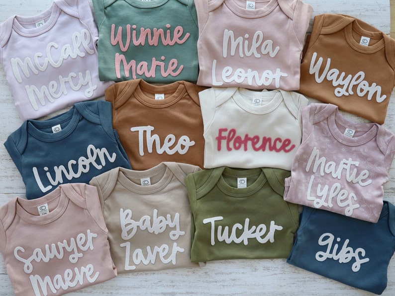 BABY NAME ONESIE®, Custom Hand Embroidered Felt Name Colored Organics® Long Sleeve Onesie ®, New Baby, Newborn, Baby Shower Gift image 4