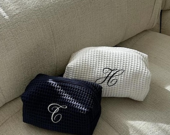 Personalized Makeup Bag, Embroidered Waffle Travel Cosmetic Bag, Monogram Bag, Custom Makeup Bag, Monogramed Cosmetic Case