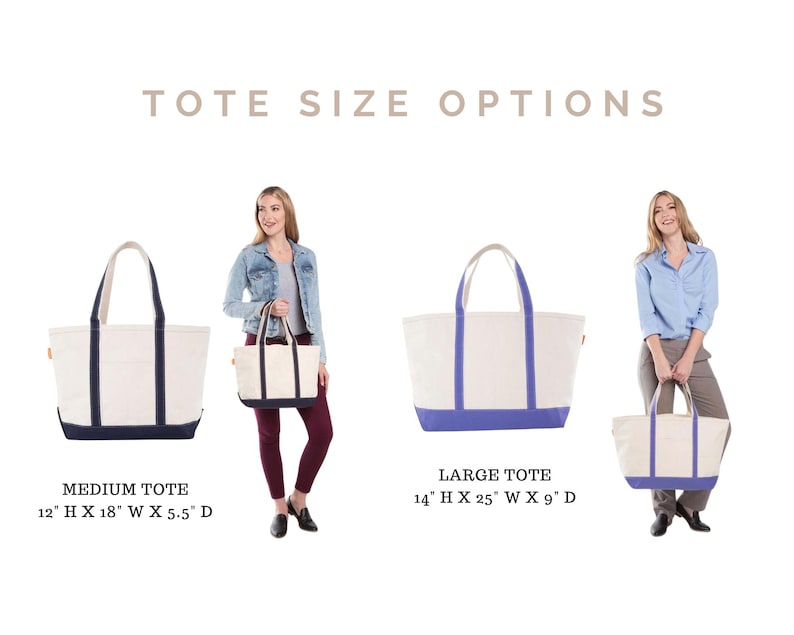 May include: The image displays two tote bag size options: medium and large. The medium tote is 12" high, 18" wide, and 5.5" deep. The large tote is 14" high, 25" wide, and 9" deep. Both bags have a canvas-like appearance.