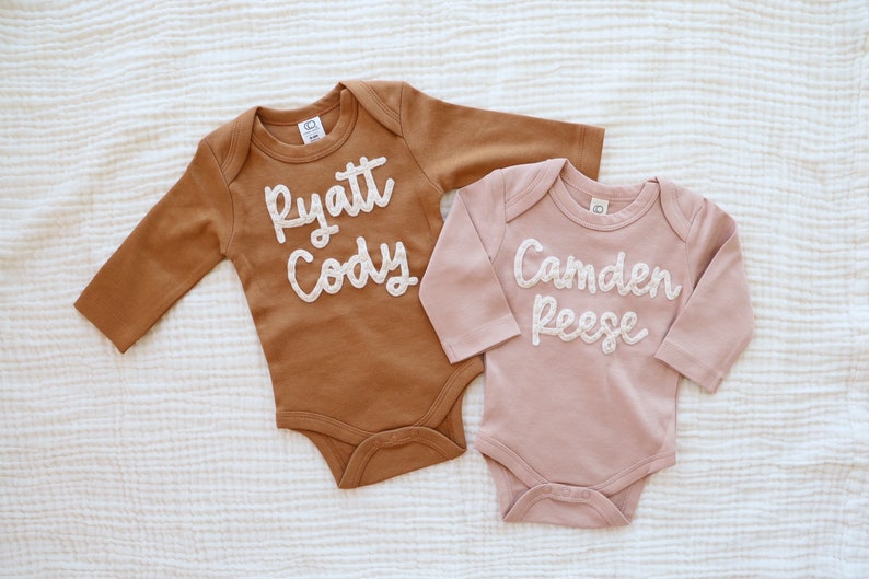 BABY NAME ONESIE®, Custom Hand Embroidered Felt Name Colored Organics® Long Sleeve Onesie ®, New Baby, Newborn, Baby Shower Gift image 1