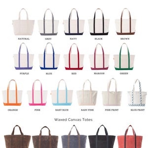May include: A variety of tote bags in different colors, including natural, grey, navy, black, brown, purple, blue, red, maroon, green, orange, pink, baby blue, baby pink, pink print, and blue print. The text "TOTE COLOR OPTIONS" is at the top.
