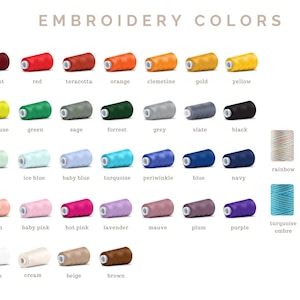 May include: Image showcasing a color chart of embroidery thread spools. The chart displays a variety of colors, including red, orange, yellow, green, blue, and purple. The text "EMBROIDERY COLORS" is at the top, with color names below each spool.
