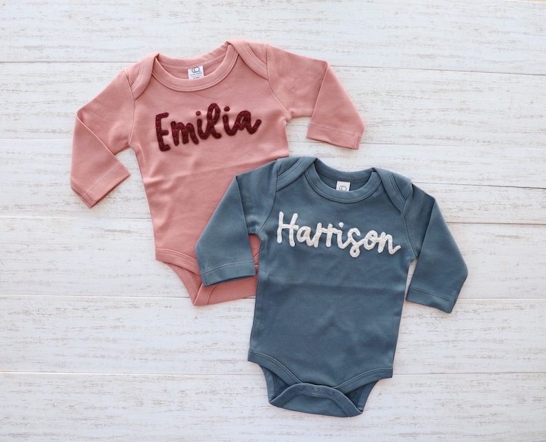 BABY NAME ONESIE®, Custom Hand Embroidered Felt Name Colored Organics® Long Sleeve Onesie ®, New Baby, Newborn, Baby Shower Gift image 5