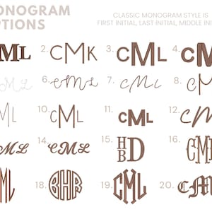 May include: An image showcasing 20 monogram options in various fonts and styles. The text "MONOGRAM OPTIONS" is at the top, with "CLASSIC MONOGRAM STYLE IS FIRST INITIAL, LAST INITIAL, MIDDLE INITIAL" below it. Each monogram features three initials.