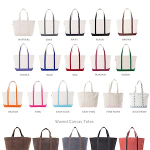 May include: A variety of tote bags in different colors, including natural, grey, navy, black, brown, purple, blue, red, maroon, green, orange, pink, baby blue, baby pink, pink print, and blue print. The image also shows waxed canvas totes in walnut, khaki, slate, black, and nautical red.
