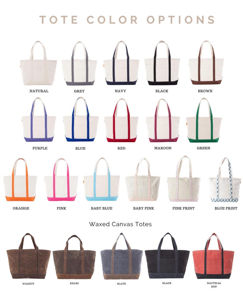 May include: A variety of tote bags in different colors, including natural, grey, navy, black, brown, purple, blue, red, maroon, green, orange, pink, baby blue, baby pink, pink print, and blue print. The image also shows waxed canvas totes in walnut, khaki, slate, black, and nautical red.
