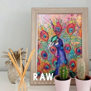 Peacock Bird Retro Rainbow Colourful Wall Artwork, Peacock Illustration, Peacock Wall Art, Peacock Poster, Peacock, Tropical Bird Print