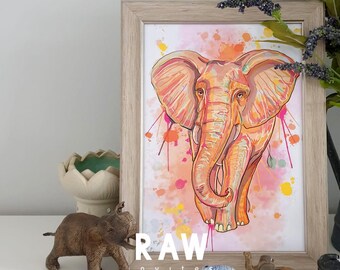 Elephant Retro Rainbow Colourful Wall Artwork, Elephant Illustration, Elephant Wall Art, Elephant Poster, Elephant, Safari Print