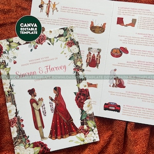 DIGITAL Indian Wedding Order of Service, Illustrated Hindu Ceremony Program. Canva Download