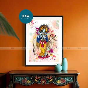 ベビークリシュナフルートアートプリント：ヒンドゥー教の神のカラフルな壁アート