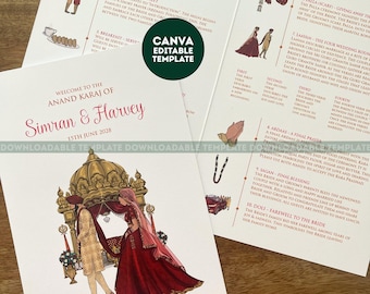 DIGITAL Sikh Wedding Order of Service, Illustrated Anand Karaj Ceremony Program. Canva Download