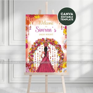May include: A decorative welcome sign on an easel. The sign features the text "Welcome to Simran's Jago Night" with a floral arch and an illustration of a woman in a red dress. The sign has a Canva editable template.