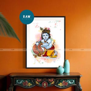 ベビークリシュナのカラフルなアートプリント：ヒンドゥー教の神の壁飾り