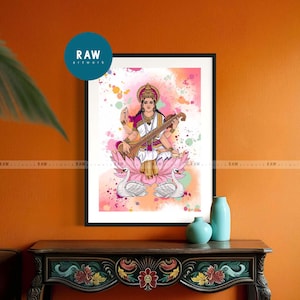 Saraswati Godess Artwork, Indian Gifting, Basant Panchami, Saraswati WallArt, Saraswati Rainbow, Hindu Godess, Abstract Hindu Godess