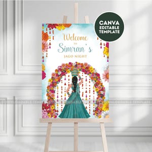 May include: A decorative sign on an easel with the text "Welcome to Simran's Jago Night." The sign features a floral archway and an illustration of a person in a teal dress carrying a pot on their head. A Canva template logo is in the upper right corner.