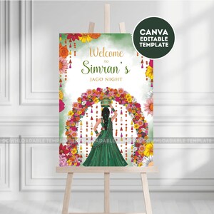 May include: A decorative easel displays a Canva editable template for a Jago Night event. The design features a woman in a green dress, a floral arch, and the text "Welcome to Simran's Jago Night."