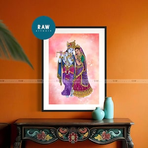 Impresión colorida de Radha Krishna: arte mural abstracto de dios hindú