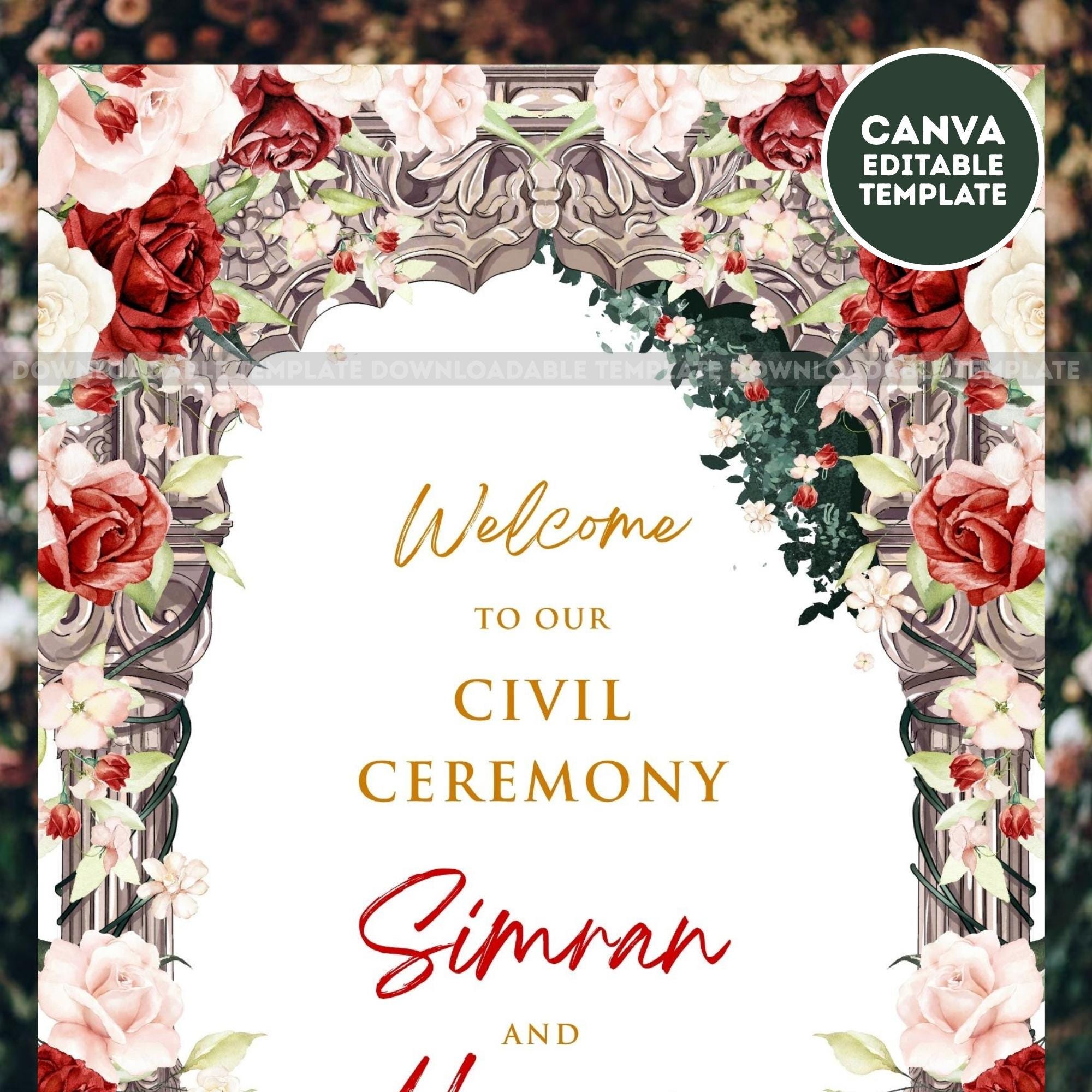 Red Roses Arch Printable Free Red Roses Arch Ceremony Sign – Printable Board Template – Customisable ...