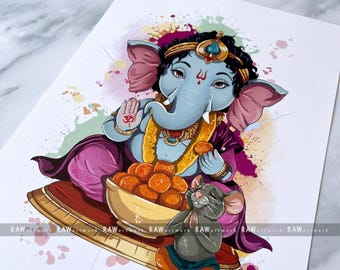 Estampado de Baby Ganesh, colorido dios hindú, arte mural moderno de Ganesh, obra de arte espiritual india.