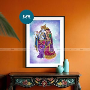 Impresión artística colorida de Radha Krishna: arte mural abstracto de dios hindú